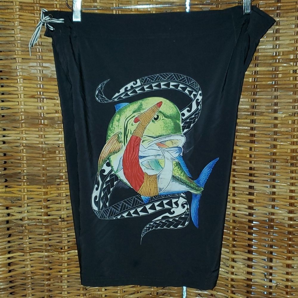 Wailoa Hawaii Islands Tribal Ulua Fish and Hook Board Shorts 40